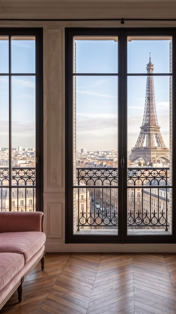 A pink velvet sofa by tall balcony windows framing the Eiffel Tower, over bare parquet