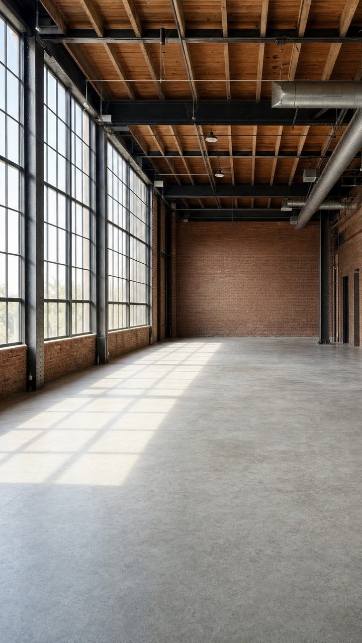 A converted warehouse with tall industrial windows and a concrete floor