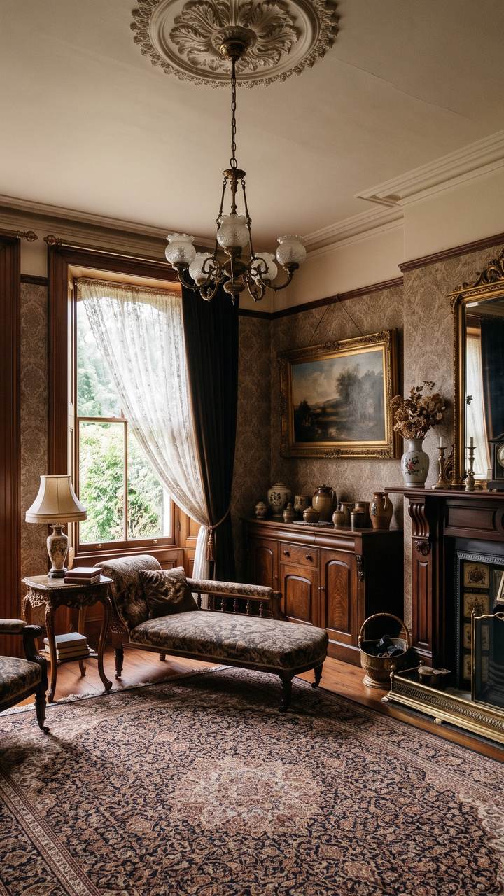 A Victorian parlour with a lace-curtained window, a chaise longue and a marble fireplace