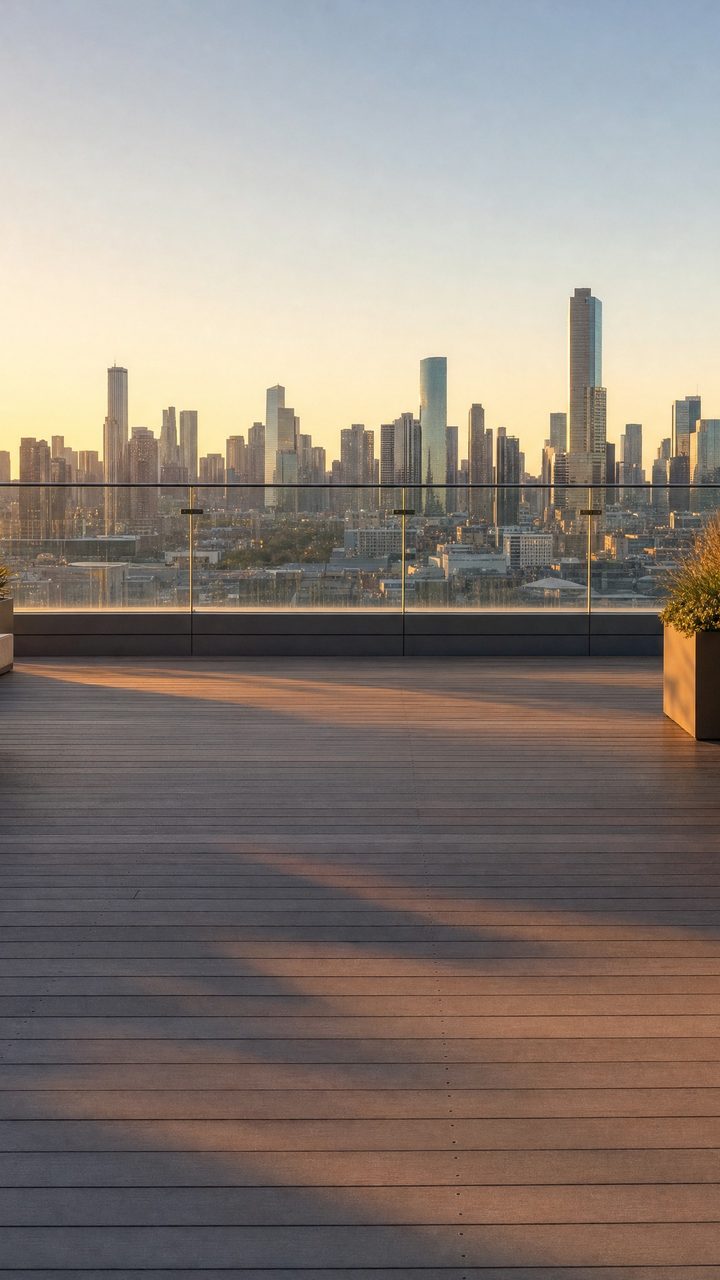 A rooftop deck under a city skyline at golden hour