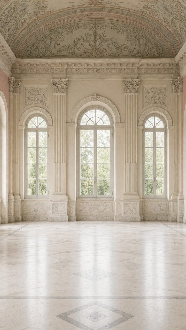 A pale Renaissance salon with three arched windows above a polished marble floor