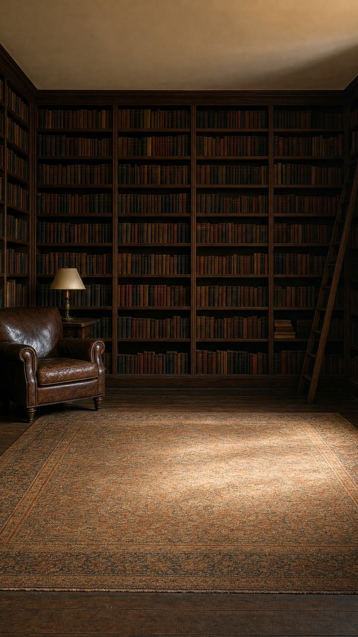 A book-lined room lit warm and low by a lamp